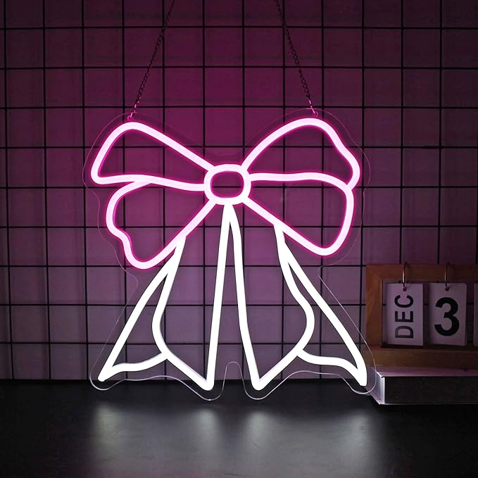 Bow Neon Sign, Neon Signs for Wall Decor Neon White Pink LED Signs Room Neon Light Up Signs Home Decor for Bedroom Club Party Bar Shop USB Operated