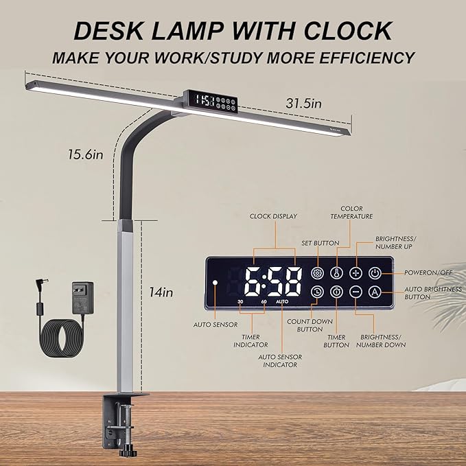 G Keni 3400 Lumen Architect Desk Lamp with Clock for Home Office, 31.5″W x 27″H, Ultra Bright Auto-Fill Brightness Desk Lamps with Timer, Gooseneck Touch LED Light for Work/Study/Read (Clamp)