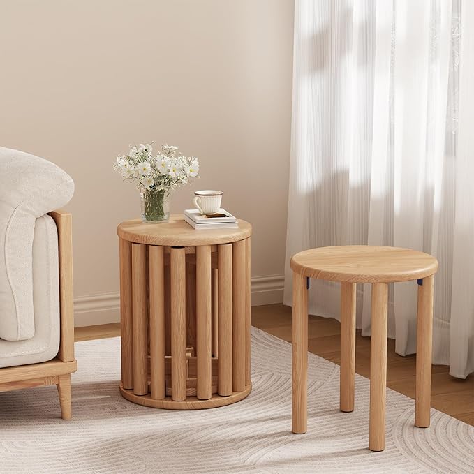 Stackable Stools Set of 4,4-in-1 Wood Stool,Round Wooden Stools with Anti-Slip Foot Pads for Kitchen,Bedroom,Living Room,Bar,No Assembly Required Durable and Space-Saving Design,18 inch (Natural)