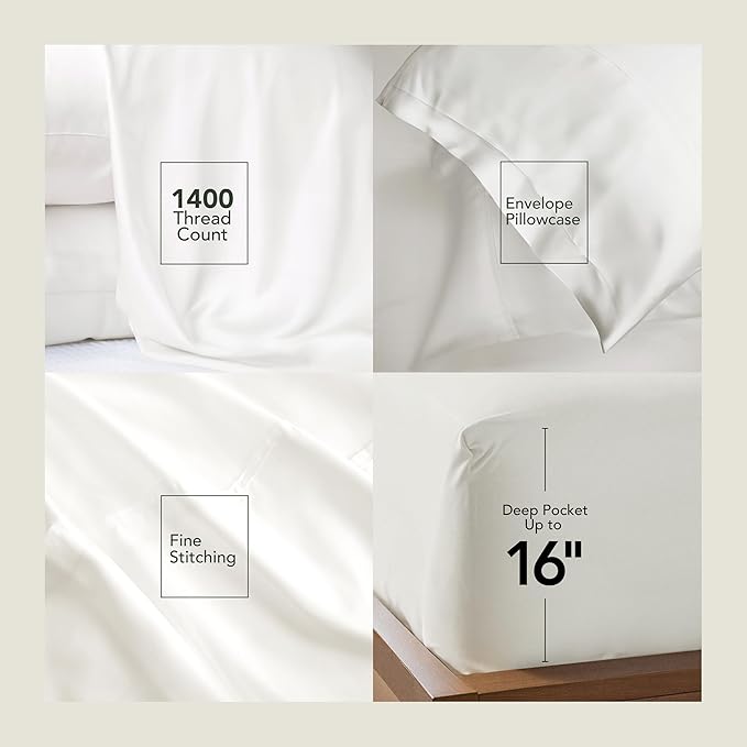 Epitex Solid 4 Piece King Sheet Set - Viscose Derived from Bamboo, 1400 Thread Count, Breathable and Cooling Bed Sheets Set, Luxurious Bedding for Hot Sleeper, Deep Pocket up to 16'', Beige