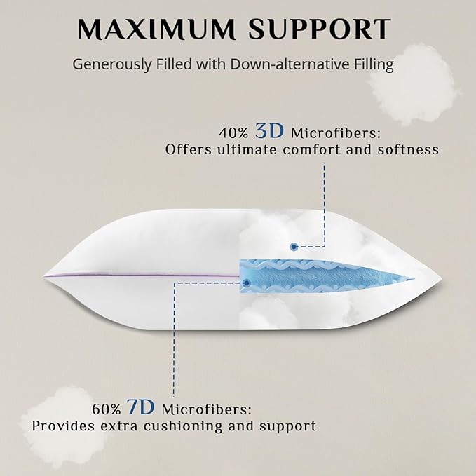 JOLLYVOGUE Pillows Queen Size Set of 4, Bed Pillows Set of 4, Cooling and Supportive Pillows with Super Soft Down Alternative Fill, Luxury Fluffy Hotel Quality for Side, Back, and Stomach Sleepers