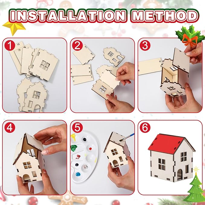 Hiboom 12 Pcs DIY Christmas Village Sets Wood Village Houses Christmas Mini Wooden House Gift for Winter Xmas Party Decorations