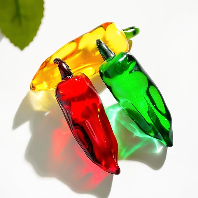 Set of 3 Glass Chili Miniature Figurines Fall Decorations for Home Crystal Fruits Vagetables Paperweights for Kitchen Tabletop Glass Christmas Centerpiece Decor