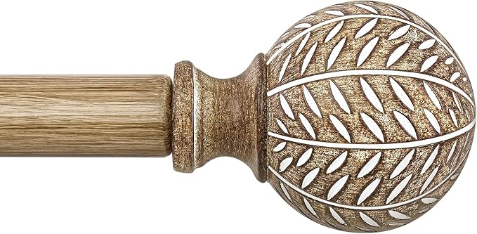 Wood Curtain Rods for Windows 48 to 84 Inch,1'' Diameter Drapery Rods with Imitation Wood Grain Leaf Pattern Finials,Boho Adjustable Heavy Duty Curtain Rods Set,36-88'',Color:Weathered Wood