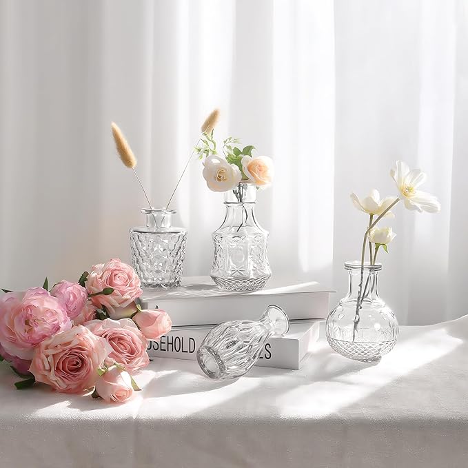 Glass Bud Vases Set of 12, Clear Small Vases for Flowers, Bulk Glass Vase for Centerpieces, Vintage Embossed Flower Vase for Wedding Table Decoration, Home, Cocktail Party