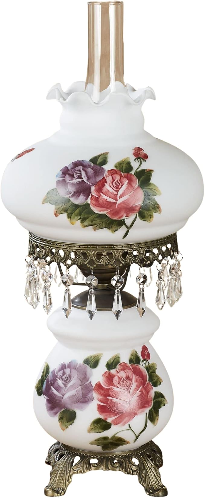 Touch of Class Olivia Jane Hurricane Table Lamp - White - Antique Brass Metal Base, Acrylic Crystal Gems, Glass Scalloped Shade - Vintage Bedroom Aesthetic, Victorian Style Lamps