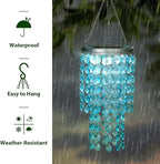 Hanging Solar Lantern Outdoor, 2 Tiers 21” Solar Blue Acrylic Beaded Chandelier with Cool White LED S Hooks for Garden Yard Patio Gazebo Outside Decor
