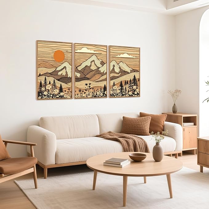 HPNIUB Mountain Framed Canvas Wall Art, Vintage Pine Tree Wall Decor, Country Wilderness Forest Wildflower Painting, Modern Nature Sun Art Prints for Living Room,Bedroom,Farmhouse- 16"x24"x3