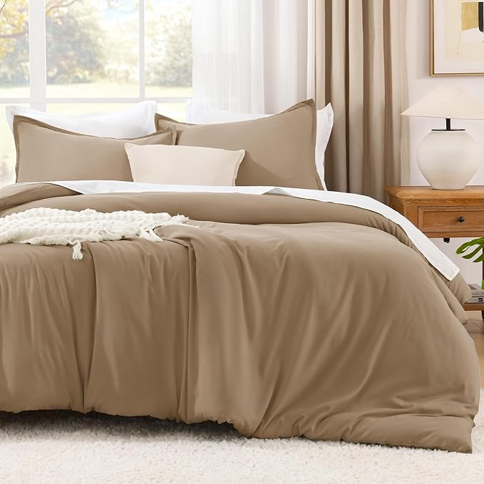 Litanika California King Size Taupe Comforter Set, 3 Pieces Cal King Solid Bedding Comforter Set, All Season Fluffy Bed Set (104x96In Comforter & 2 Pillowcases)