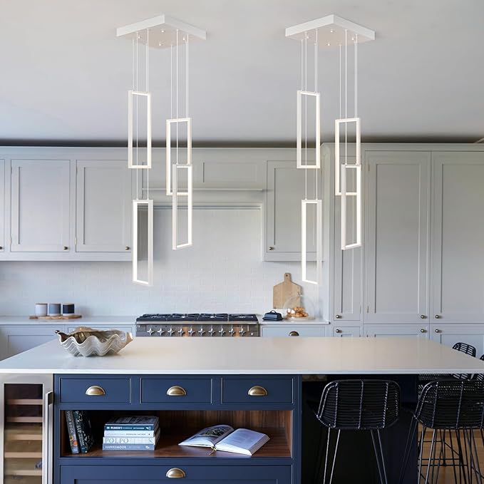 Modern Kitchen Island Dimmable Pendant Light Fixture White 54W LED Pendant Lights 4 Rings Rectangular Chandelier Staircase Large Chandelier Lobby Living Room Foyer High Ceiling Chandeliers