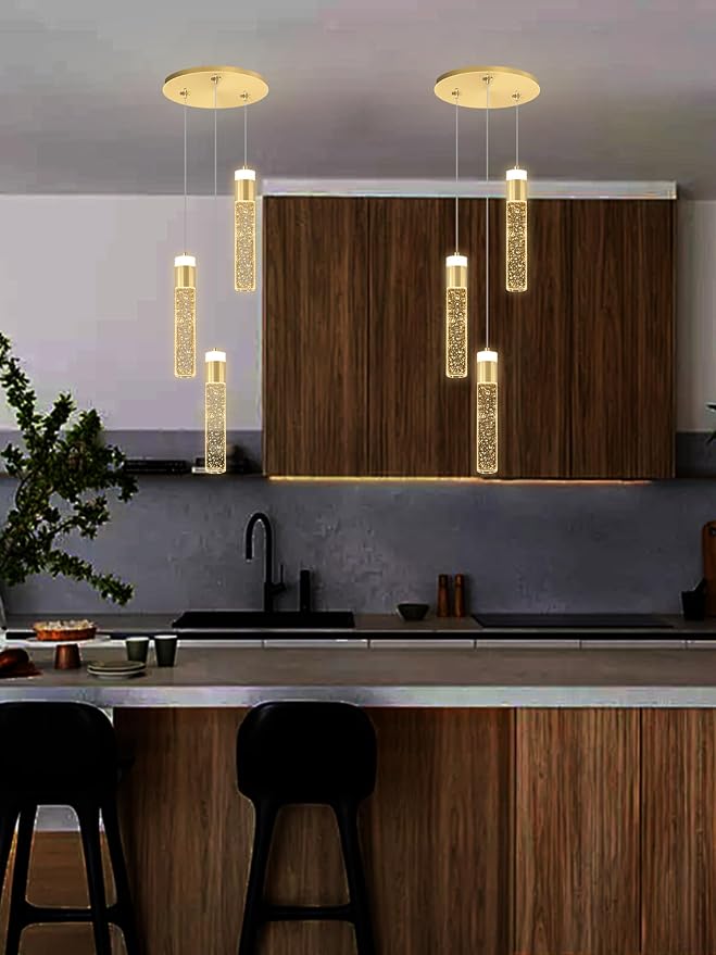 Dimmable 3-Light Pendant Lights Kitchen Island Crystal Hanging Light Modern Ceiling Light for Dinning Room Living Room 24W Gold