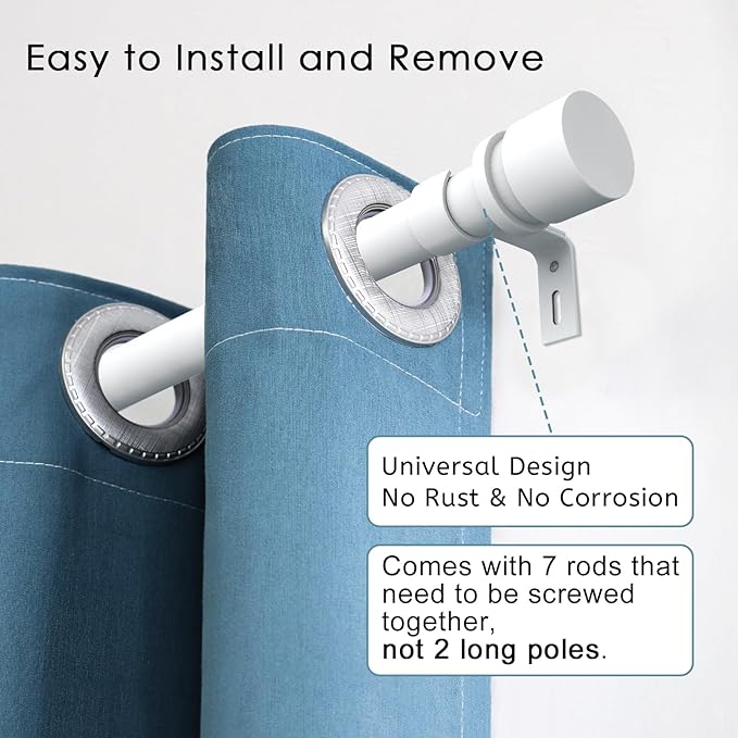 Curtain Rods for Windows 16 to 120 Inches Adjustable Length 1 Inch Diameter Window Curtain Rod with Aluminium End Cap, White
