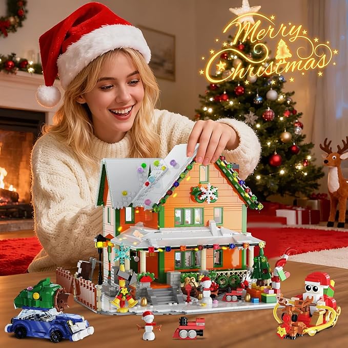 Christmas House Mini Building Set with Light, PLAXSOON 1961 PCS Holiday Snow Village Architecture Model Building Block with Santa Claus Sleigh, Xmas Display Toy Set for Adults Kids Boys Girls Ages 14+