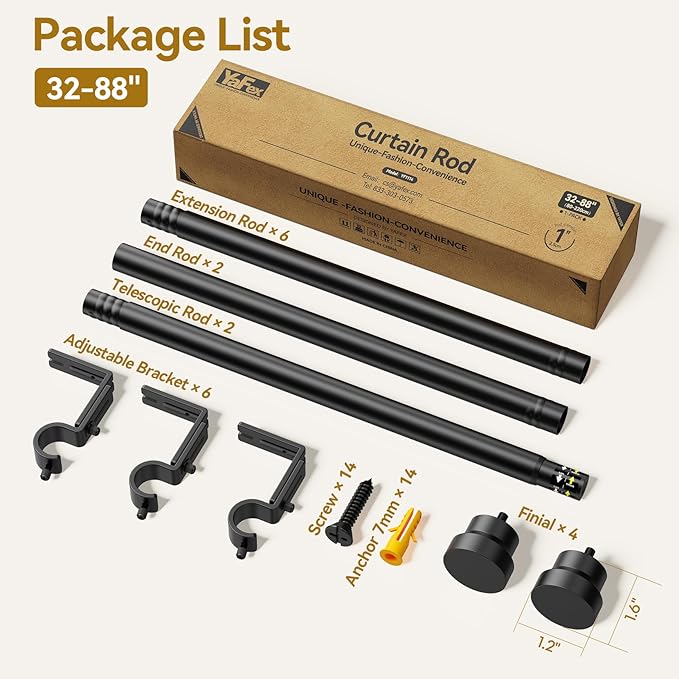 Curtain Rod 2 Pack 32-88 Inch, Heavy Duty 1 Inch Curtain Rod, Black Long Adjustable Window Treatment Rods, Modern Design, Easy Installation