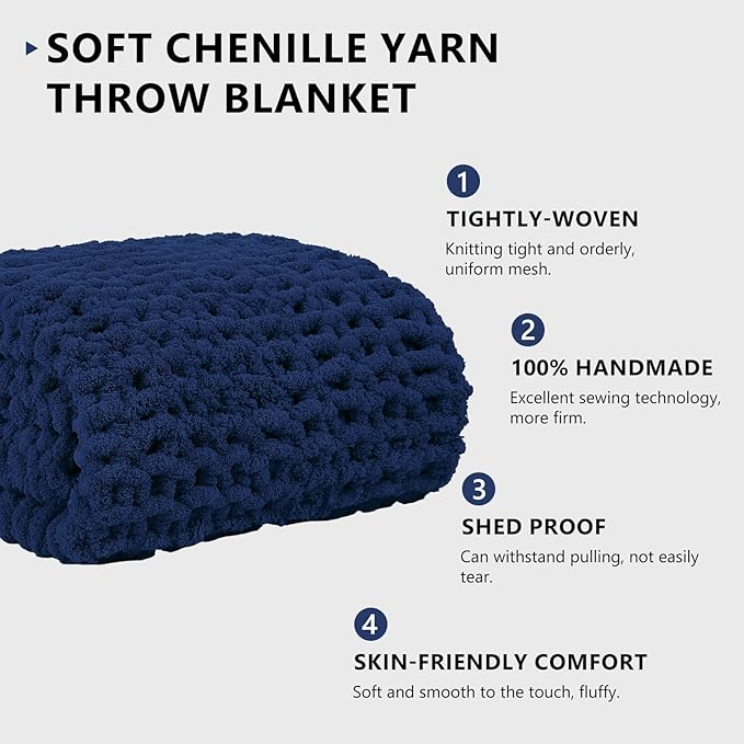 L'AGRATY Chunky Knit Blanket Throw: 80''x90'' Chenille Chunky Knitted Throw Blanket for Bed Couch - Handmade Thick Big Cable Knit Blanket - Large Chunky Crochet Blanket for Home Decor(Navy Blue)