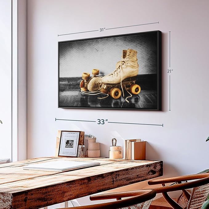 ElephantStock Vintage Skates Pop Wall Art - Horizontal Framed Canvas - 1-Piece Living Room Wall Decor - Sport Photography Canvas Print - Beige and Black Decor for Wall - 31" X 21"