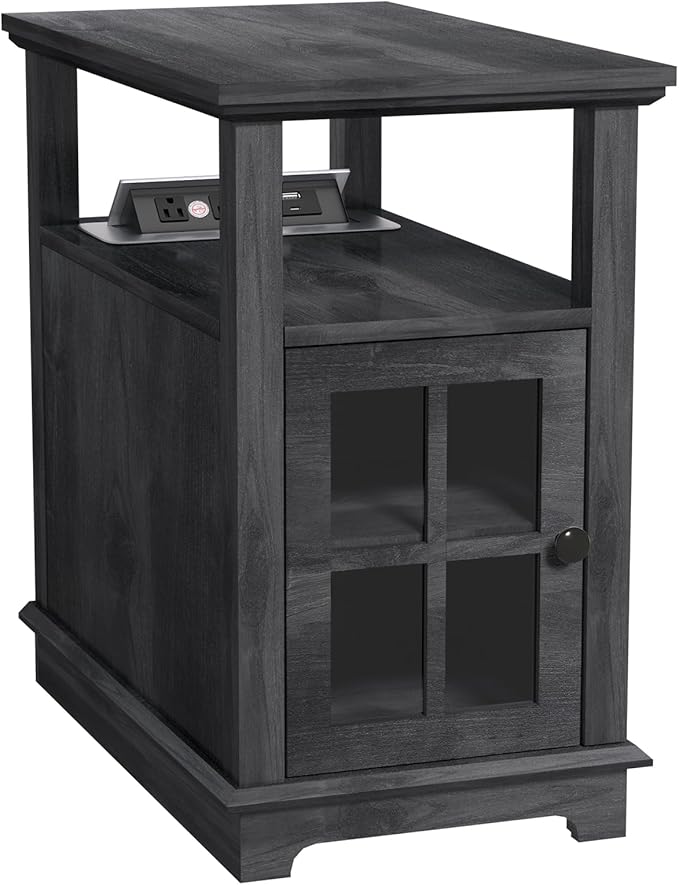 HIFYOBRO Narrow End Table with Flip Top Charging Station and Storage Cabinet, Type-C & USB Port & Power outlets, Adjustable Shelf, Blackgray Side Table with Storage for Living Room and Bedroom