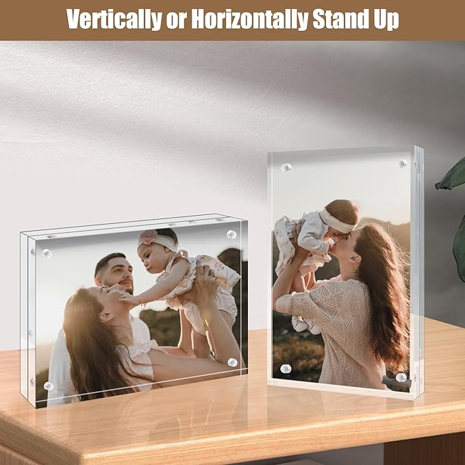 Egofine 4x4 Acrylic Frames 3 Pack, 20mm Thicker Frameless Clear Picture Frames, Double Sided Magnetic Picture Frames, Free Standing Desktop Display
