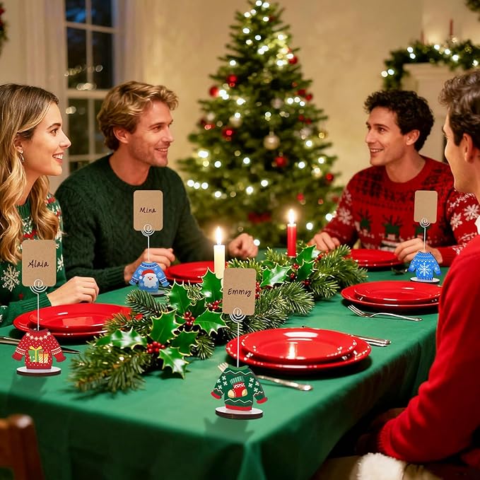 24 Pcs Ugly Sweater Christmas Table Place Card Holders Stand Display, Wooden Christmas Table Card Holders with Swirl Wire Memo Name Number Photo Sign Clip Holder for Christmas Party Table Decorations