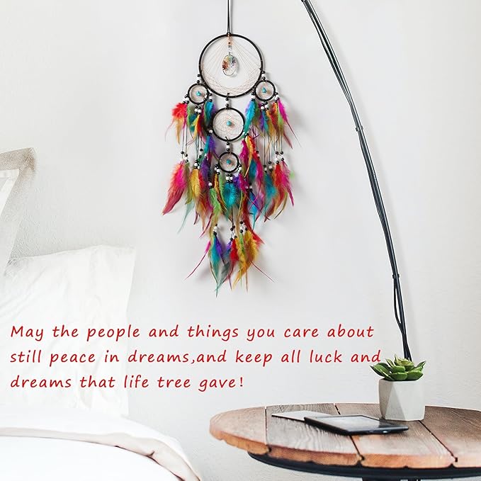 Pretty Jolly Colourful Feather Dream Catchers Wall Decor with Chakras Tree of Life Crystal Stone Ornament Handmade Dreamcatchers for Adult Boys Girls Bedroom Dorm Party Birthday Blessing Gift-5Rings