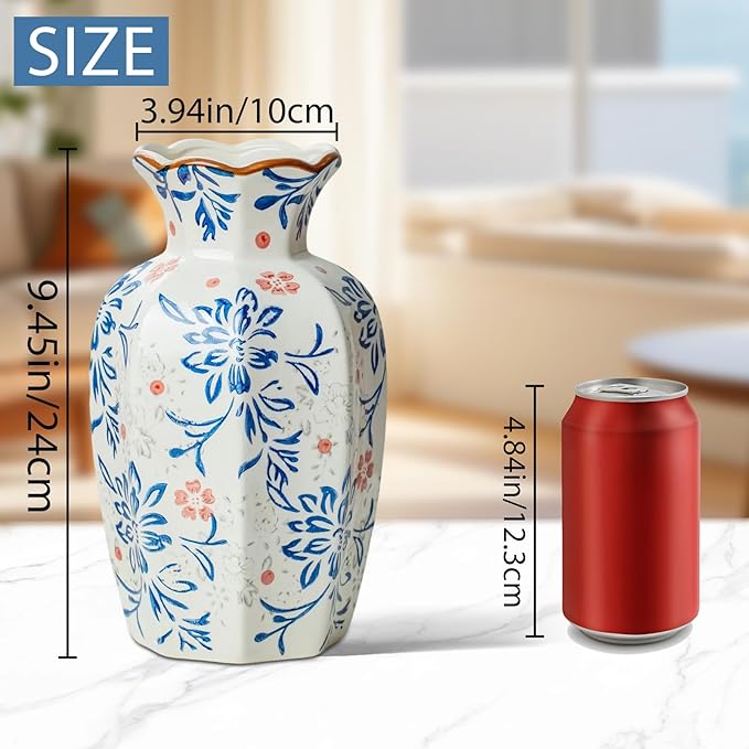 9.5 Inch Vintage Ceramic Vase, Chinoiserie Flower Vases Decorative Antique Vases for Home Decor, Rustic Blue and Pink Porcelain Vase Farmhouse Shelf Table Centerpieces Decor