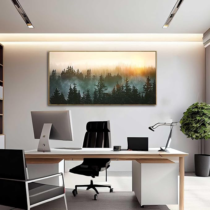 Living Room Wall Art Sunrise Misty Forest 24"x48" Modern Home Wall Decor Plants Wall Decorations Framed Artwork for Bedroom Dining Room Office Hotel