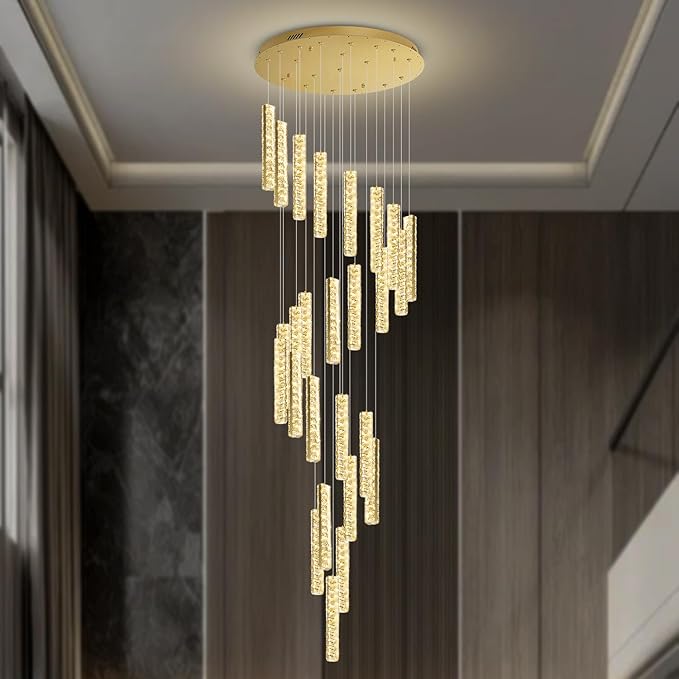 Large Crystal Chandeliers 130inches Long Spiral Staircase Chandelier for High Ceiling Foyer Entrance Modern LED Dimmable Chandelier 25-Lights Gold