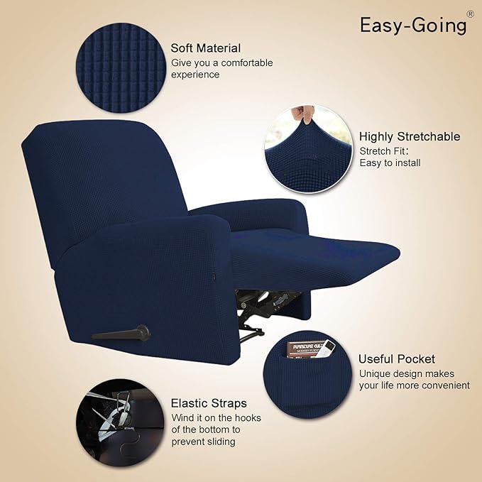 Easy-Going Recliner Stretch Sofa Slipcover Sofa Cover 4-Pieces Furniture Protector Couch Soft with Elastic Bottom Spandex Jacquard Fabric Small Checks(Recliner,Navy) Large
