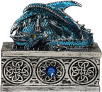 Dragon Statue Jewelry Box, Medieval Fantasy Myth Dragon With Cover Treasure Box, Dragon Statue Decoration Collection Gift Box. (Blue)