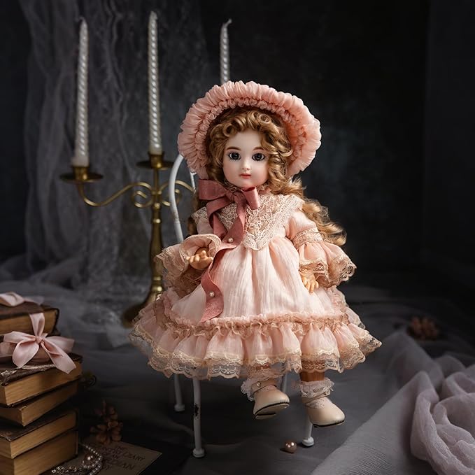 16-Inch BJD Vinyl Bisque Doll, Scale Poseable Vintage Court Doll with Victorian Dress, Collectible Doll with Gift Box for Display, Decoration, Birthday Gift Name Porcelosia (Pink)