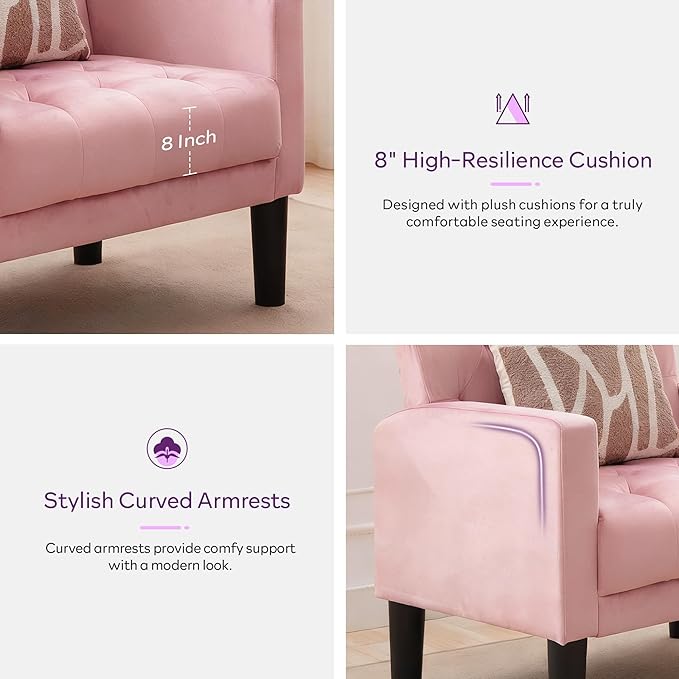 TYBOATLE Accent Chairs Set of 2, Mid Century Modern Upholstered Tufted Living Room Chair for Bedroom, Armchair Single Sofa,Reading Lounging Side Lounge Office Chair (Pink)