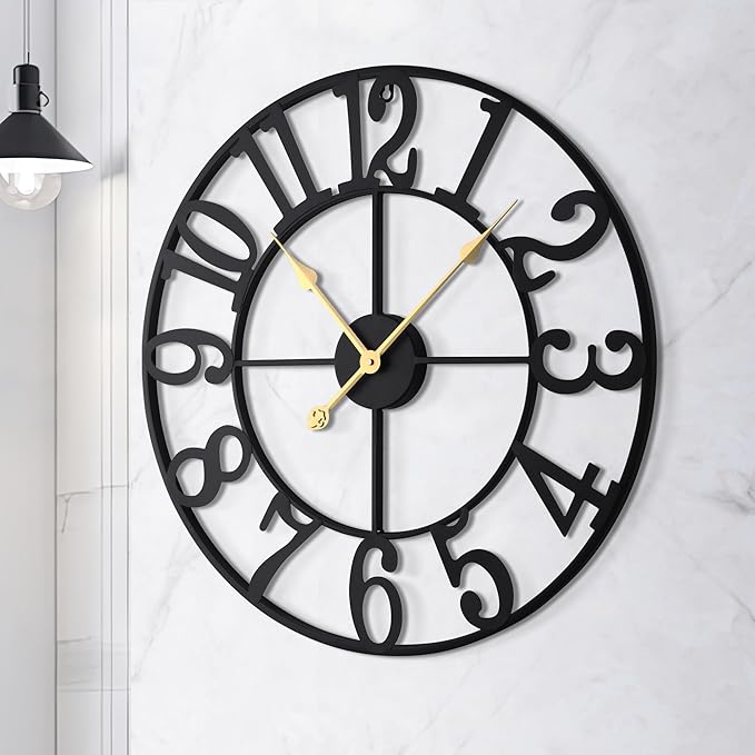 LEIKE Large Wall Clock, 18.5" Silent Non-Ticking, Battery Operated, Oversized, Decorative Retro Black Metal Clock for Living Room,Farmhouse, Dinner Room,Indoor, Outdoor(47cm, Black Arabic Number)