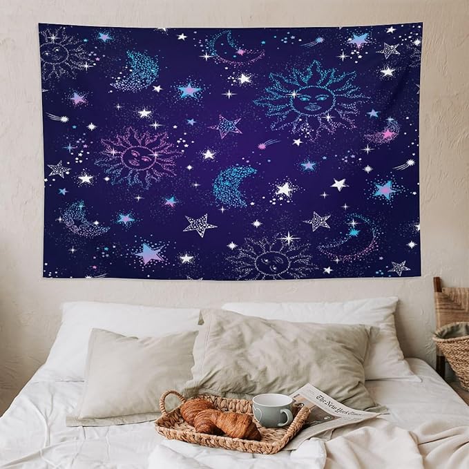 HZOHNAGO Boho Sun Moon Tapestry Purple Blue Sun Stars Galaxy Pattern Printed Wall Tapestry Wall Hanging for Bedroom Living Room Dorm 90" W x 60" H