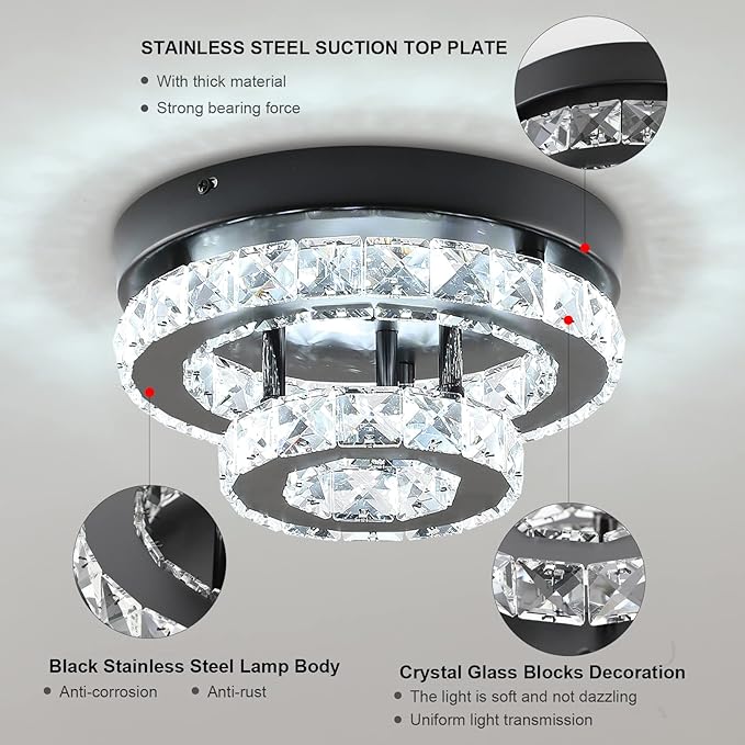 Modern Crystal Chandelier Black Flush Mount Ceiling Light Surface Mount Led Ceiling Light Mini Bedroom Ceiling Lights Indoor 9.8" Diameter Mini Crystal Chandeliers Black 6000K