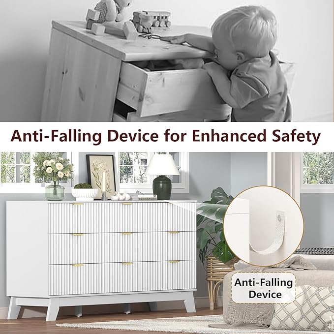 Fluted Dresser for Bedroom,9 Drawer Dresser for Closet,57" Wide Storage Cabinet and Chest of Drawers with Gold Handle,TV Stand,Storage Organizer for Living Room,Hallway,Entryway,White