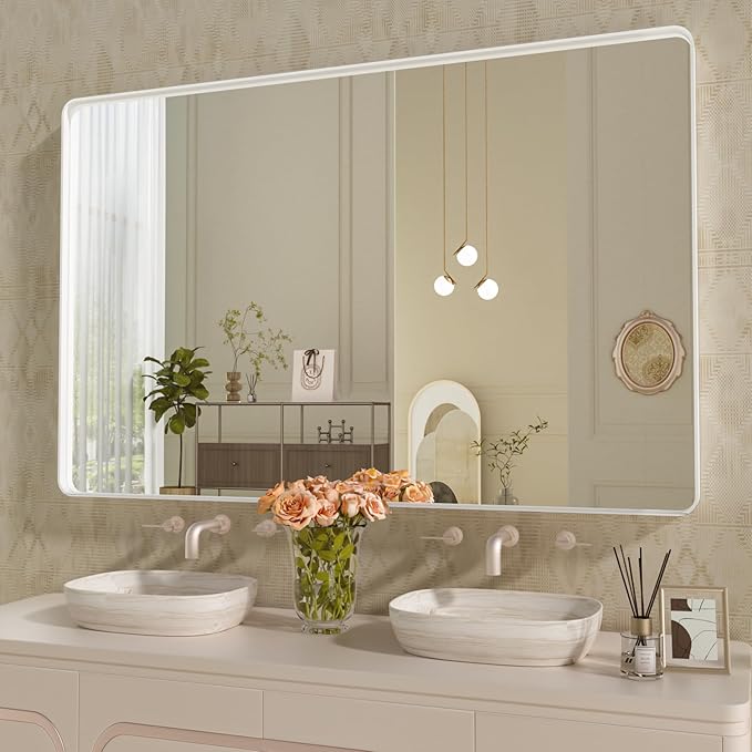 WEER White Bathroom Mirror 55X36 Inch, Rounded Rectangle White Metal Frame Mirror, Matte White Bathroom Vanity Mirror with Tempered Glass, Anti-Rust, Hangs Horizontally or Vertically