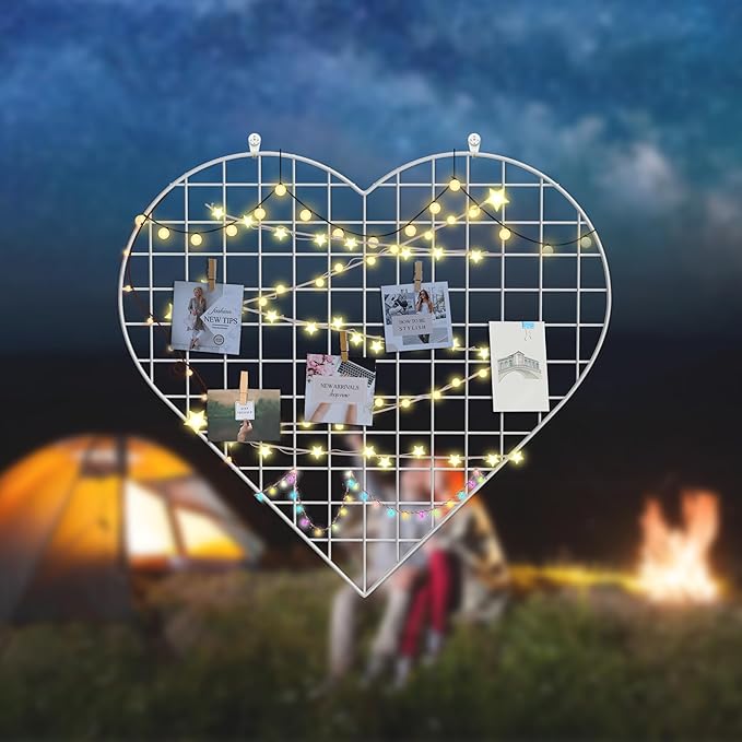 Grid Photo Wall Panels - 22.4"x20.4" Heart Shape Iron Rack Art Wire Board, Wall Grid Organizer, DIY Photo Frame for Home, Office, Kitchen, Bedroom, Christmas Gifts - White