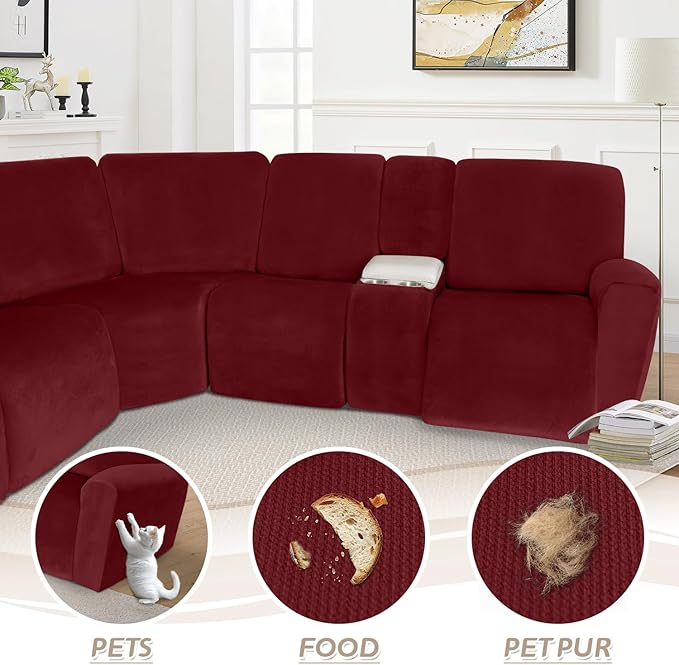 Arfntevss Sectional Recliner Couch Covers Velvet Washable Corner Sectional Sofa Cover for Reclining Couch Stretch Soft Thick L Shape Recliner Slipcover Set (5 Seat with 2 Console Cover, Wine Red)