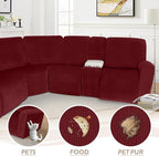 Arfntevss Sectional Recliner Couch Covers Velvet Washable Corner Sectional Sofa Cover for Reclining Couch Stretch Soft Thick L Shape Recliner Slipcover Set (5 Seat with 2 Console Cover, Wine Red)