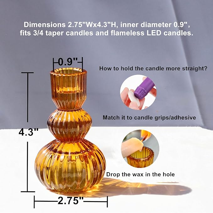 Woho Amber Candlestick Holders Set of 6 4.3" H for Thanksgiving/Fall Decorations, Ribbed Glass Taper Candle Holders Halloween Table Centerpiece, Vintage Candle Sticks Holder Decor for Boho Home Decor