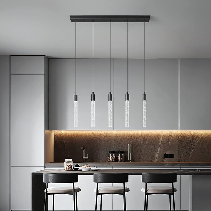 Kitchen Island Lighting Modern Light Fixture Black Pendant Light Dimmable LED Black Finish Mini Crystal Pendant Lights for Dining Room Living Room（5-Light）