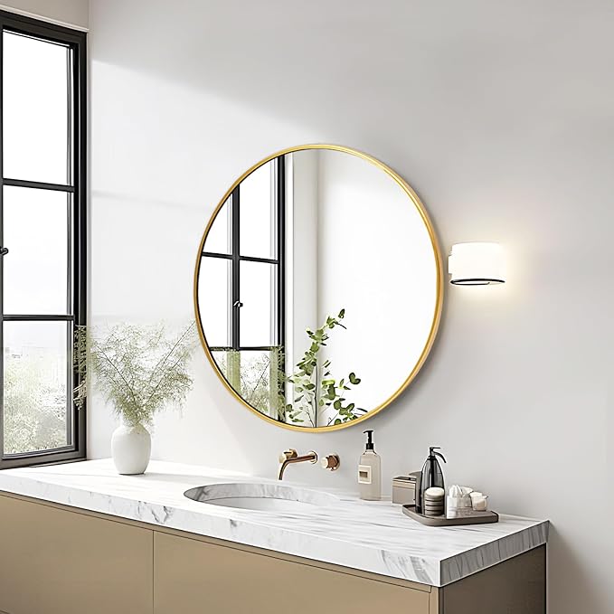 Fabuday Gold Circle Mirror for Bathroom - Small 18 Inch Round Mirror for Wall Decor with Golden Matte Frame, Living Room, Bedroom, Entryway Circular Mirrors