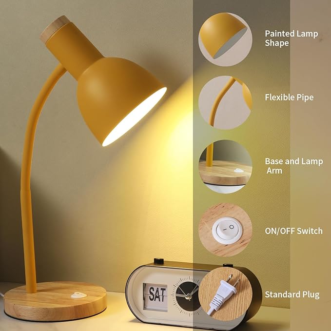 Table Lamp,Wooden Adjustable Desk Lamp,Dorm Lamp&Bedside Lamp for Living Room, Bedroom, Kids Room (Yellow)