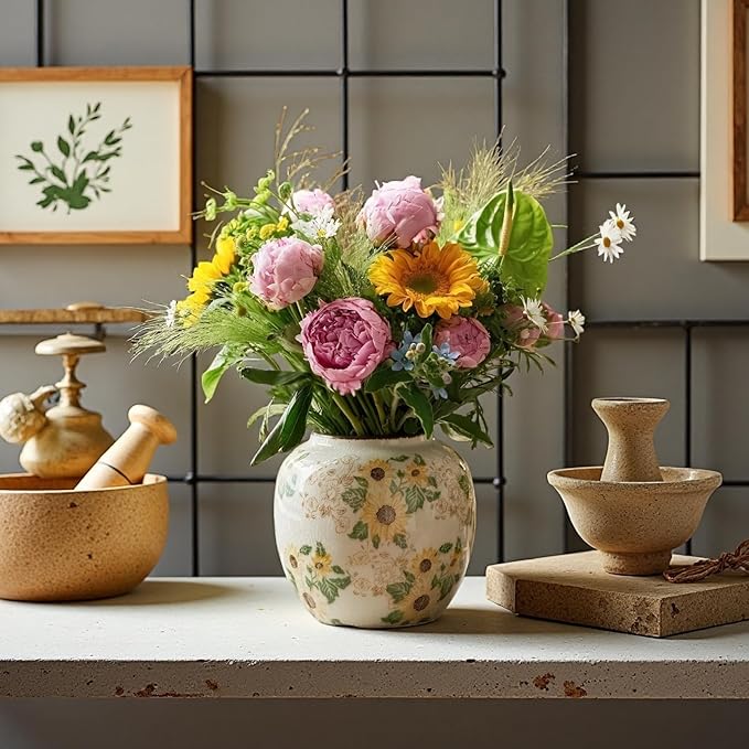 Levvohd Round Pastoral Ceramic Vase, 6.3 Inch Vintage Sunflower Yellow Floral Retro Ice Cracked Rustic Antique Flower Vases for Living Room Home Decor (Large Round)