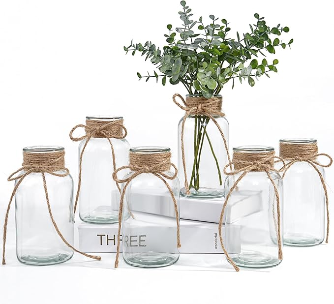 Vintage Glass Vases for Flowers, Set of 6 Clear Vases for Farmhouse Wedding Centerpiece Cylinder Bottle for Reception Table Decoration Home Decor Floral Arrangements