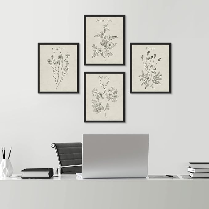 SIGNWIN Framed Vintage Wildflower Wall Art, Set of 4 Plant Collage Drawing Wall Decor Prints, Nature Wilderness Wall Décor for Living Room, Bedroom - 11"x14" Black