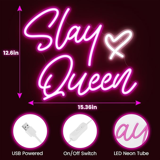 Kavaas Slay Queen Neon Signs 15.3" x 12.6", Pink LED Light Up Signs for Wall Decor | Slay Queen Sign for Girls Bedroom, Bar, Office, Dorms
