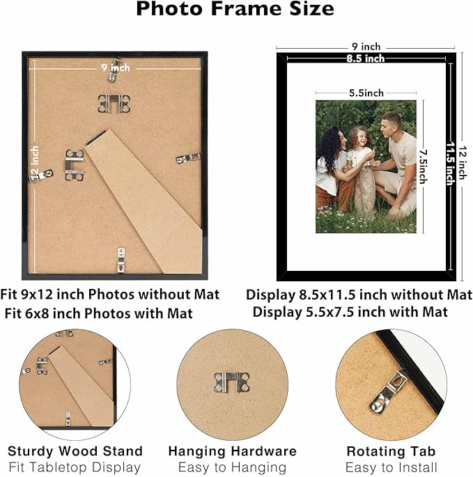 12 Packs 9x12 Picture Frames, Display 6x8 with Mat or 9x12 Without Mat, Gallery Wall Frame Set, 9 by 12 Frames Bulk Set of 12 Collage Wall Decor Photo Frames Set for Wall and Tabletop, Black