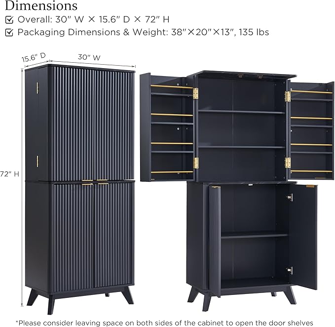 OKD Fluted Kitchen Pantry, 72" Tall Mid Century Modern Storage Cabinet with Adjustable Shelves & Door Organizer, Wood Cabinet for Kitchen, Living Room, Dark Grey