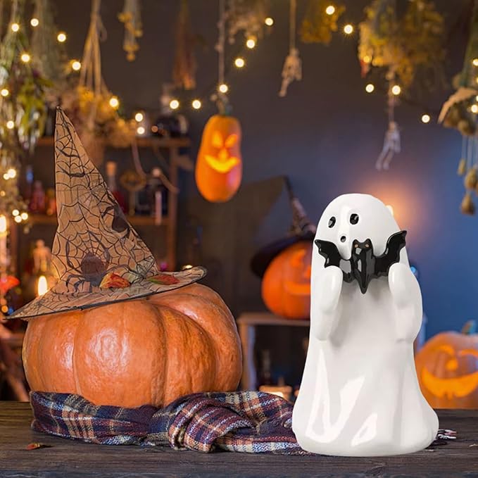 Halloween Ghost Figurine with Holding Bat, Funny Resin Ghost Statue Halloween Decor for Bookshelf, Terrace, Bedroom,Porch and Tabletop